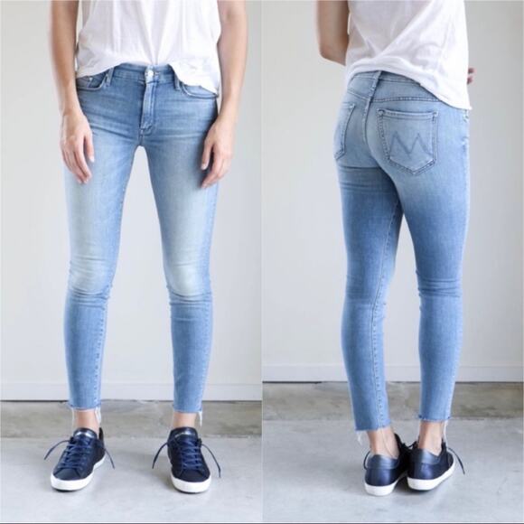 MOTHER Denim - Mother The Looker Ankle Fray Cropped Skinny Jeans Womens 24 When Sparks Fly Blue